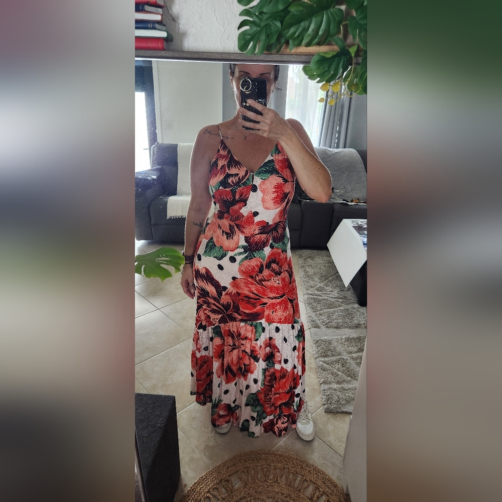 Floral Spaghetti-Strap Maxi Dress in Red and Green